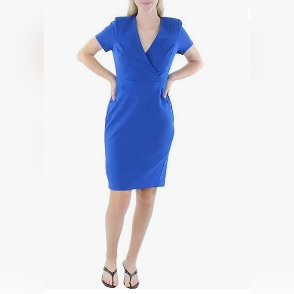Calvin Klein Dresses & Skirts - Calvin Klein Blue Crepe Midi Dress with Buttons and Surplice Neckline